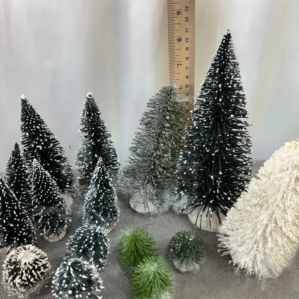 Evergreen Bottle Brush Trees Shrubs Greenery Lot of 15 Christmas Village Snowy